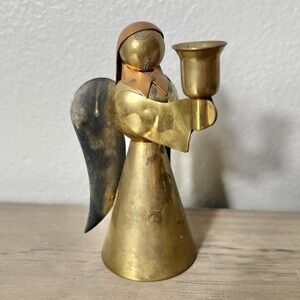 Vintage Brass & Copper Angel Candle Holder Made in Hong Kong Christmas Decor 4"